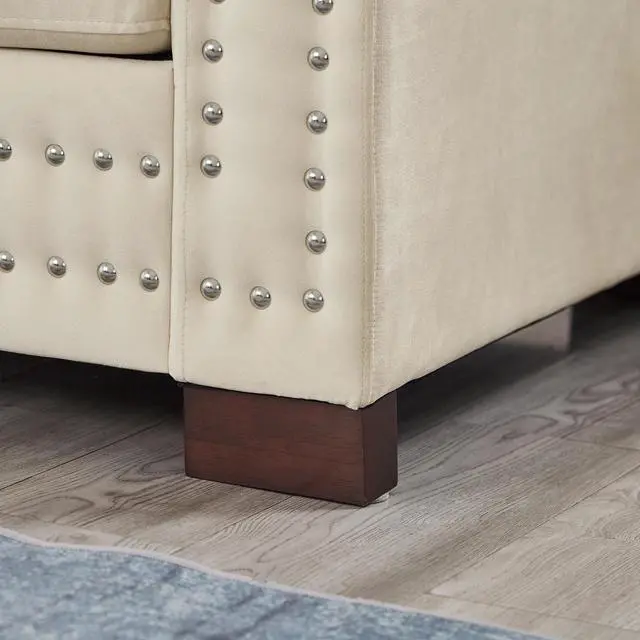 Alt view image 7 of 7 - Modern Design Living Room Sofa Square armrest with Silver Nails Decoration Upholstered Velvet Couch Apricot