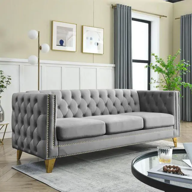 Alt view image 4 of 7 - {Contact us for 3D modeling}  Velvet Sofa for Living Room,Buttons Tufted Square Arm Couch, Modern Couch Upholstered Button and Metal Legs, Sofa Couch for Bedroom, Grey Velvet .2PCS