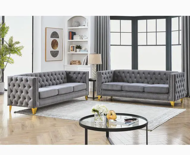 Main image of {Contact us for 3D modeling}  Velvet Sofa for Living Room,Buttons Tufted Square Arm Couch, Modern Couch Upholstered Button and Metal Legs, Sofa Couch for Bedroom, Grey Velvet .2PCS
