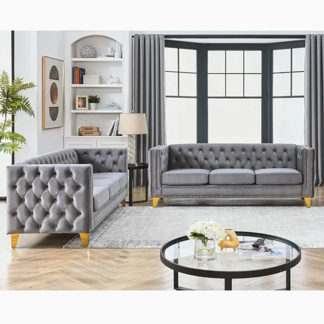 Alt view image 3 of 7 - {Contact us for 3D modeling}  Velvet Sofa for Living Room,Buttons Tufted Square Arm Couch, Modern Couch Upholstered Button and Metal Legs, Sofa Couch for Bedroom, Grey Velvet .2PCS