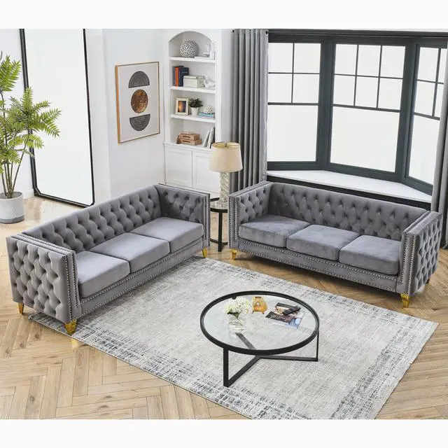 Alt view image 2 of 7 - {Contact us for 3D modeling}  Velvet Sofa for Living Room,Buttons Tufted Square Arm Couch, Modern Couch Upholstered Button and Metal Legs, Sofa Couch for Bedroom, Grey Velvet .2PCS