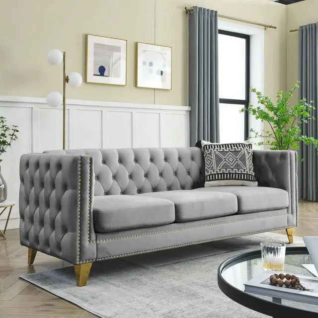 Alt view image 6 of 7 - {Contact us for 3D modeling}  Velvet Sofa for Living Room,Buttons Tufted Square Arm Couch, Modern Couch Upholstered Button and Metal Legs, Sofa Couch for Bedroom, Grey Velvet .2PCS