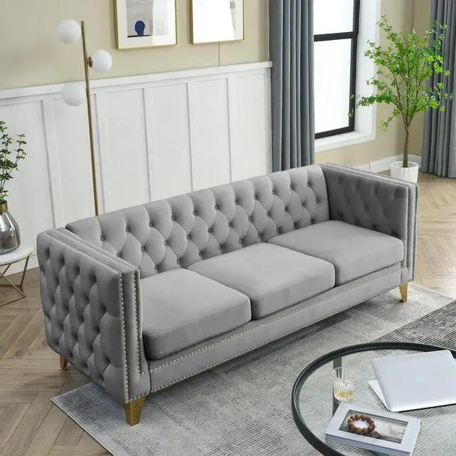 Alt view image 5 of 7 - {Contact us for 3D modeling}  Velvet Sofa for Living Room,Buttons Tufted Square Arm Couch, Modern Couch Upholstered Button and Metal Legs, Sofa Couch for Bedroom, Grey Velvet .2PCS