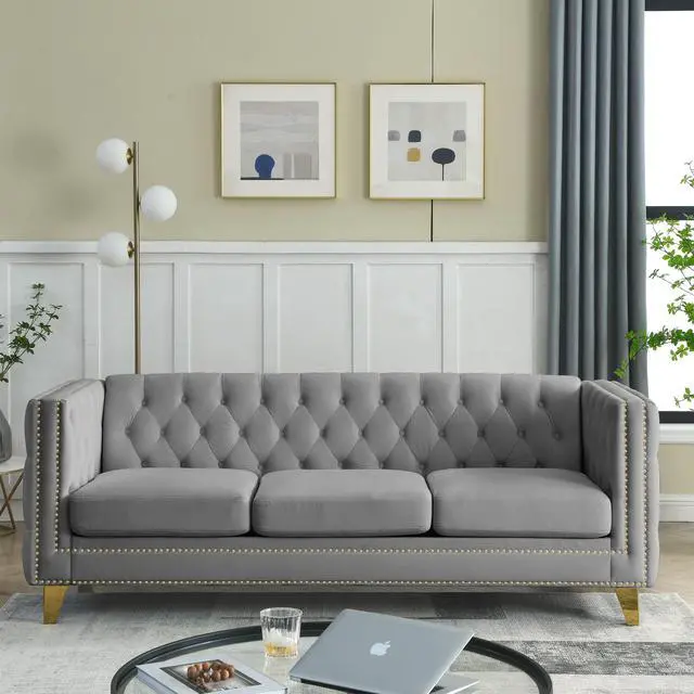 Alt view image 7 of 7 - {Contact us for 3D modeling}  Velvet Sofa for Living Room,Buttons Tufted Square Arm Couch, Modern Couch Upholstered Button and Metal Legs, Sofa Couch for Bedroom, Grey Velvet .2PCS