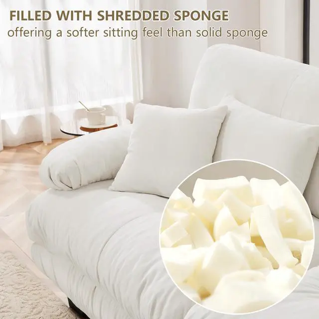 Alt view image 7 of 7 - Cloud Couch Sectional Sofa for Living Room, Chenille 2 Seater Sofa with 2 Lumbar pillows and 2 throw pillows , Upholstered Wide Arm Sofa with Convertible Ottoman,Chenille White