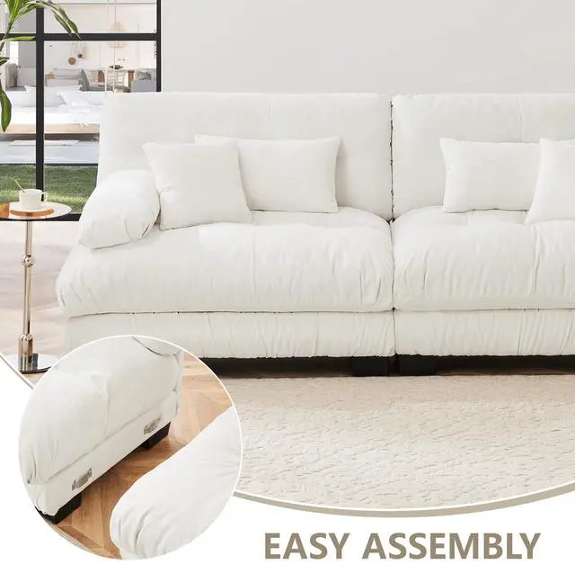 Alt view image 6 of 7 - Cloud Couch Sectional Sofa for Living Room, Chenille 2 Seater Sofa with 2 Lumbar pillows and 2 throw pillows , Upholstered Wide Arm Sofa with Convertible Ottoman,Chenille White