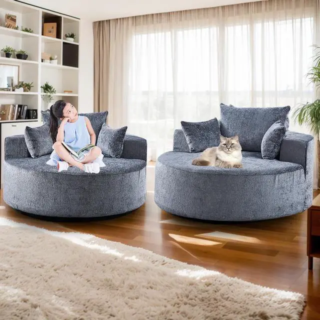 Alt view image 3 of 6 - 55''L Chenille Sponge single sofa,No Assembly Required,Fluffy Modern Sleeper Chair for Living room, Bedroom, Lounge and Projection Room(Not a swivel chair.)