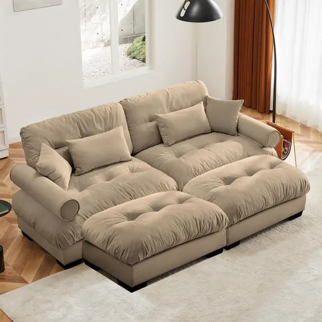 Main image of Over Size Modern Two-seater Sofa with Ottoman, Velvet 2-Seater with Round Bolster Armrests,With Waist Pillow and Throw Pillows, Reading Room , Loft and Bedroom,Camel