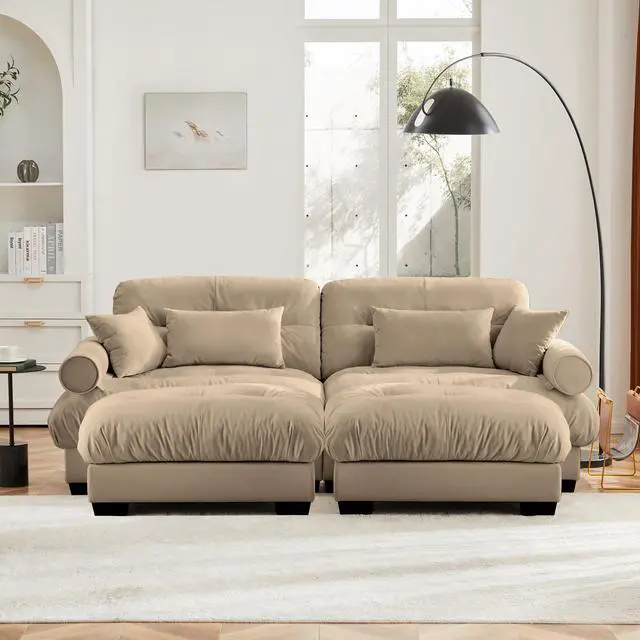 Alt view image 3 of 7 - Over Size Modern Two-seater Sofa with Ottoman, Velvet 2-Seater with Round Bolster Armrests,With Waist Pillow and Throw Pillows, Reading Room , Loft and Bedroom,Camel