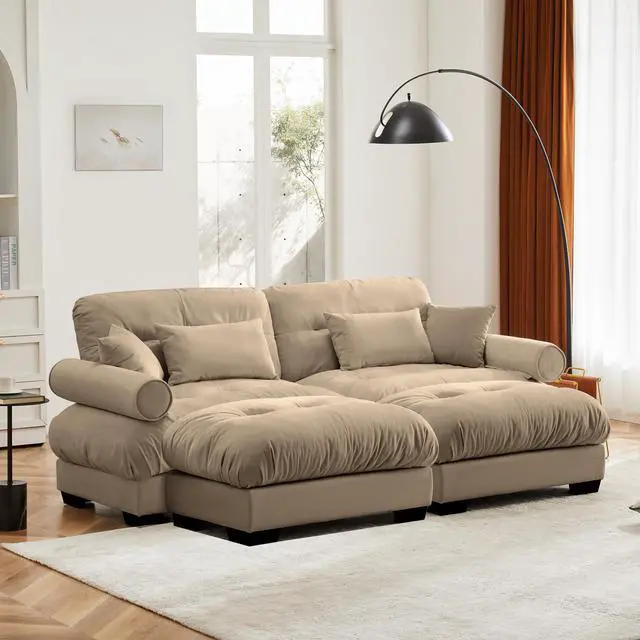 Alt view image 2 of 7 - Over Size Modern Two-seater Sofa with Ottoman, Velvet 2-Seater with Round Bolster Armrests,With Waist Pillow and Throw Pillows, Reading Room , Loft and Bedroom,Camel