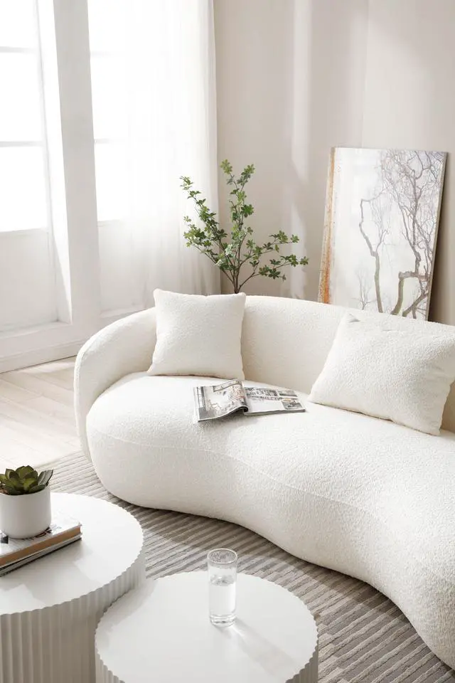 Alt view image 7 of 7 - Mid Century Modern Curved Living Room Sofa, 4-Seat Boucle Fabric Couch for Bedroom, Office, Apartment, off white(beige and white)