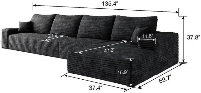 Alt view image 6 of 7 - 135" Cloud Sectional Couch with L-Shape Chaise,Modern Modular Sofa with Deep Seat, Upholstered Couches for Living Room Bedroom,No Assembly Required, Black(Plush Corduroy Fabric)