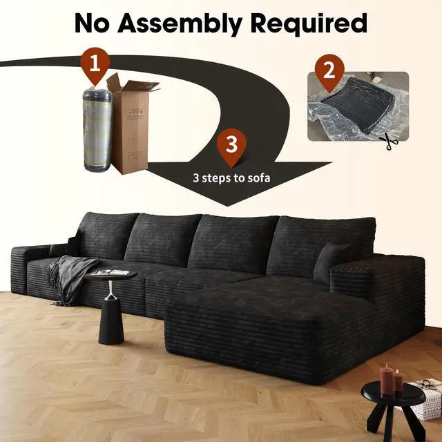 Alt view image 7 of 7 - 135" Cloud Sectional Couch with L-Shape Chaise,Modern Modular Sofa with Deep Seat, Upholstered Couches for Living Room Bedroom,No Assembly Required, Black(Plush Corduroy Fabric)