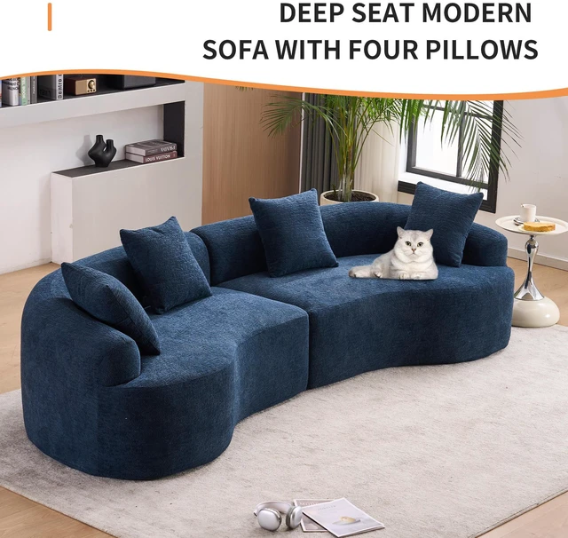 Alt view image 3 of 7 - Compression Sponge Sofa Blue Curved Modular Sectional, 30D High-Density Chenille Sleeper Couch for Apartment, Living Room,110"L