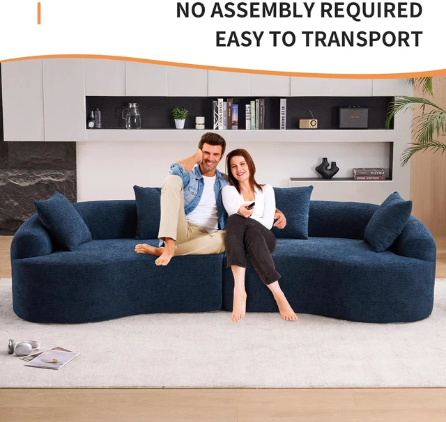 Alt view image 2 of 7 - Compression Sponge Sofa Blue Curved Modular Sectional, 30D High-Density Chenille Sleeper Couch for Apartment, Living Room,110"L