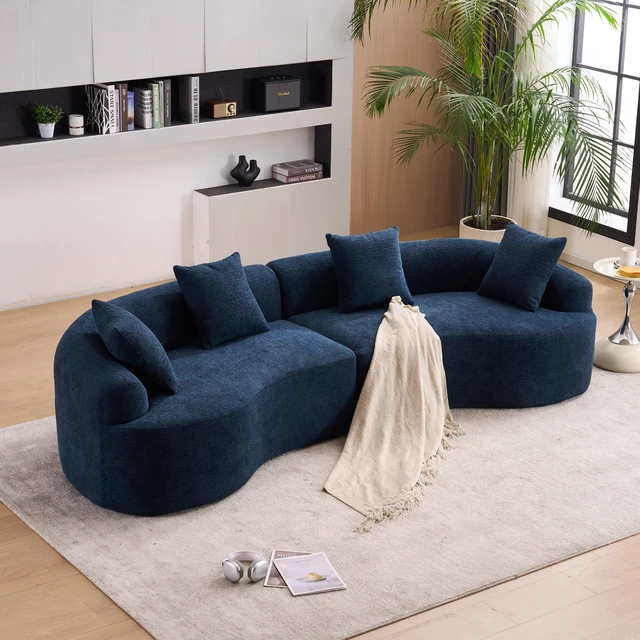 Main image of Compression Sponge Sofa Blue Curved Modular Sectional, 30D High-Density Chenille Sleeper Couch for Apartment, Living Room,110"L
