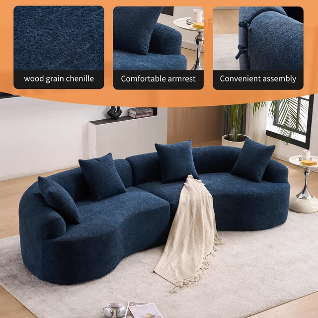 Alt view image 4 of 7 - Compression Sponge Sofa Blue Curved Modular Sectional, 30D High-Density Chenille Sleeper Couch for Apartment, Living Room,110"L