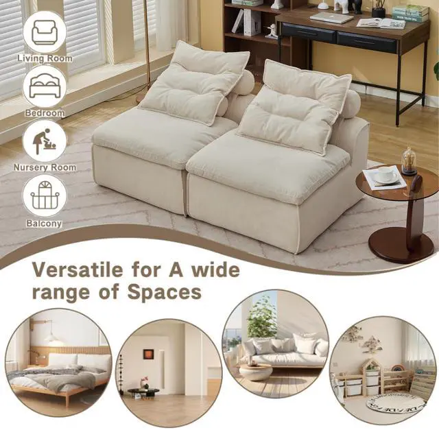 Alt view image 3 of 7 - [NEW ARRIVED] [VIDEO PROVIDED]Modular Sofa,No Armrests,At will DIY,Soft Corduroy Fabric,Neck Pillow-Back Lounge Sofa Chair,Reading Nook, or Apartment Living, Lumbar Pillow,2 Seats,Upholstered,Beige