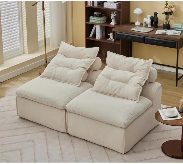 Alt view image 6 of 7 - [NEW ARRIVED] [VIDEO PROVIDED]Modular Sofa,No Armrests,At will DIY,Soft Corduroy Fabric,Neck Pillow-Back Lounge Sofa Chair,Reading Nook, or Apartment Living, Lumbar Pillow,2 Seats,Upholstered,Beige