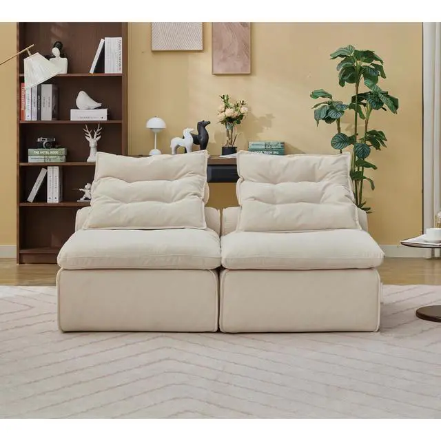Alt view image 7 of 7 - [NEW ARRIVED] [VIDEO PROVIDED]Modular Sofa,No Armrests,At will DIY,Soft Corduroy Fabric,Neck Pillow-Back Lounge Sofa Chair,Reading Nook, or Apartment Living, Lumbar Pillow,2 Seats,Upholstered,Beige