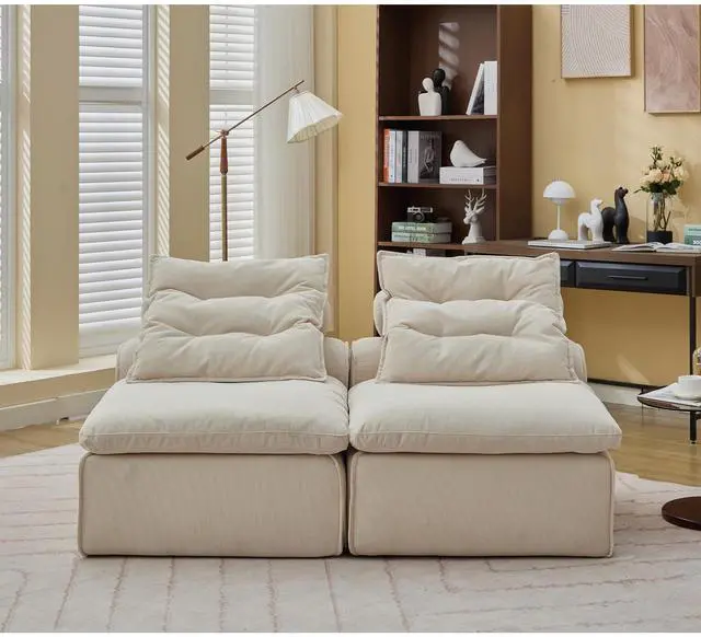 Alt view image 5 of 7 - [NEW ARRIVED] [VIDEO PROVIDED]Modular Sofa,No Armrests,At will DIY,Soft Corduroy Fabric,Neck Pillow-Back Lounge Sofa Chair,Reading Nook, or Apartment Living, Lumbar Pillow,2 Seats,Upholstered,Beige