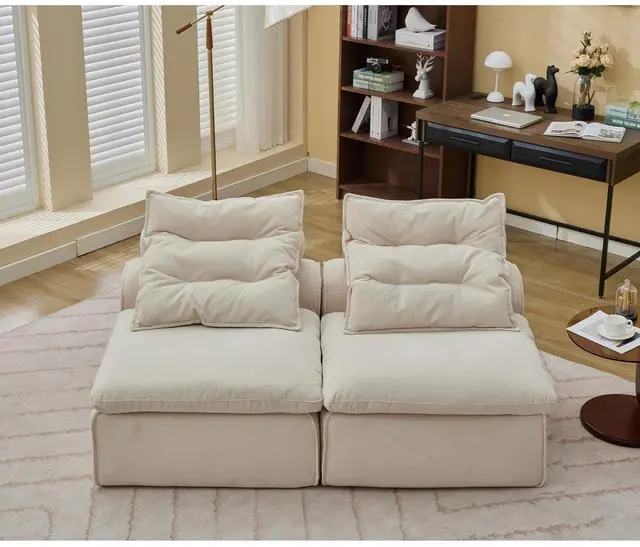 Alt view image 4 of 7 - [NEW ARRIVED] [VIDEO PROVIDED]Modular Sofa,No Armrests,At will DIY,Soft Corduroy Fabric,Neck Pillow-Back Lounge Sofa Chair,Reading Nook, or Apartment Living, Lumbar Pillow,2 Seats,Upholstered,Beige
