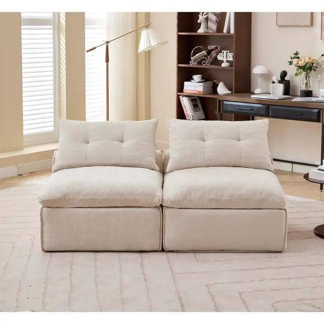 Alt view image 5 of 7 - [NEW ARRIVED] [VIDEO PROVIDED]Modular Sofa,No Armrests,At will DIY,Soft Chenille Fabric,Neck Pillow-Back Lounge Sofa Chair,Reading Nook, or Apartment Living, Lumbar Pillow,2 Seats,Upholstered,Beige