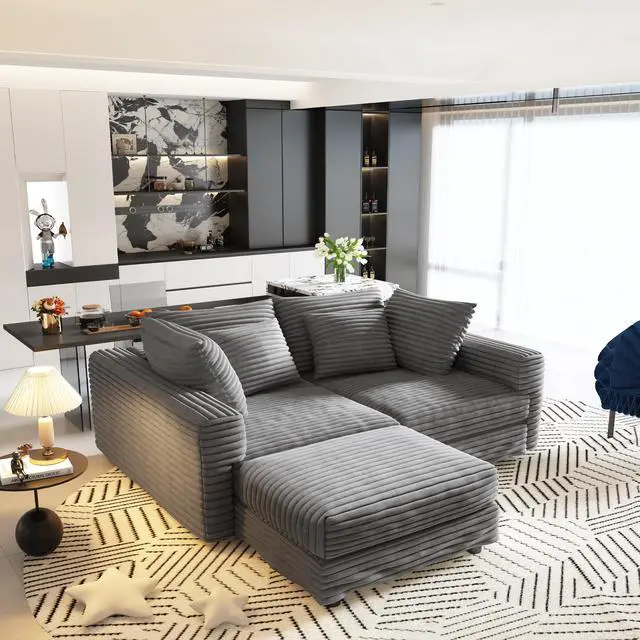 Alt view image 3 of 7 - 102.4 "Plush Corduroy 4-Seat Sofa,Modern Comfy Upholstered Sofa Cloud Couch,Deep Seat Couches with Soft Pillows and 2 Ottomans,Convertible Sofa Lounge Chair,for Living Room,Apartment,Office,Grey