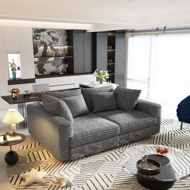 Alt view image 4 of 7 - 102.4 "Plush Corduroy 4-Seat Sofa,Modern Comfy Upholstered Sofa Cloud Couch,Deep Seat Couches with Soft Pillows and 2 Ottomans,Convertible Sofa Lounge Chair,for Living Room,Apartment,Office,Grey