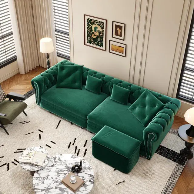 Alt view image 2 of 7 - Chesterfield Sofa, 89 " W 3-in-1 Pull-Out Sofa Bed, Convertible Sleeper Sofa Bed,King Size Sofa Bed, Chaise Lounge,Velvet 3-Seater Sofa with Movable Ottoman,  Tufted Design, Green(Old Sku:W1885S00092)