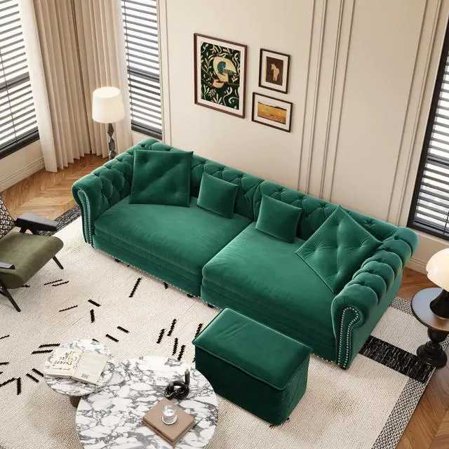 Alt view image 3 of 7 - Chesterfield Sofa, 89 " W 3-in-1 Pull-Out Sofa Bed, Convertible Sleeper Sofa Bed,King Size Sofa Bed, Chaise Lounge,Velvet 3-Seater Sofa with Movable Ottoman,  Tufted Design, Green(Old Sku:W1885S00092)