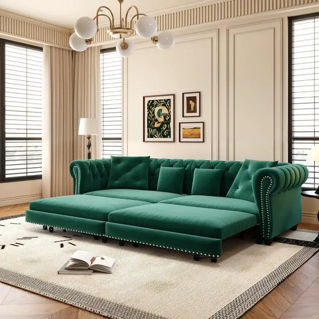 Alt view image 7 of 7 - Chesterfield Sofa, 89 " W 3-in-1 Pull-Out Sofa Bed, Convertible Sleeper Sofa Bed,King Size Sofa Bed, Chaise Lounge,Velvet 3-Seater Sofa with Movable Ottoman,  Tufted Design, Green(Old Sku:W1885S00092)