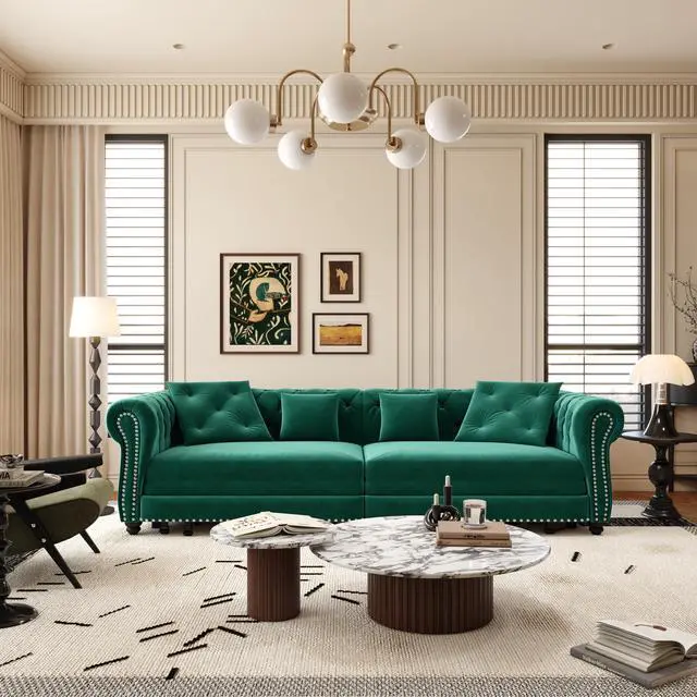 Alt view image 5 of 7 - Chesterfield Sofa, 89 " W 3-in-1 Pull-Out Sofa Bed, Convertible Sleeper Sofa Bed,King Size Sofa Bed, Chaise Lounge,Velvet 3-Seater Sofa with Movable Ottoman,  Tufted Design, Green(Old Sku:W1885S00092)