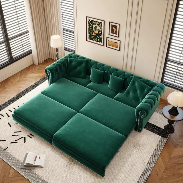 Alt view image 4 of 7 - Chesterfield Sofa, 89 " W 3-in-1 Pull-Out Sofa Bed, Convertible Sleeper Sofa Bed,King Size Sofa Bed, Chaise Lounge,Velvet 3-Seater Sofa with Movable Ottoman,  Tufted Design, Green(Old Sku:W1885S00092)