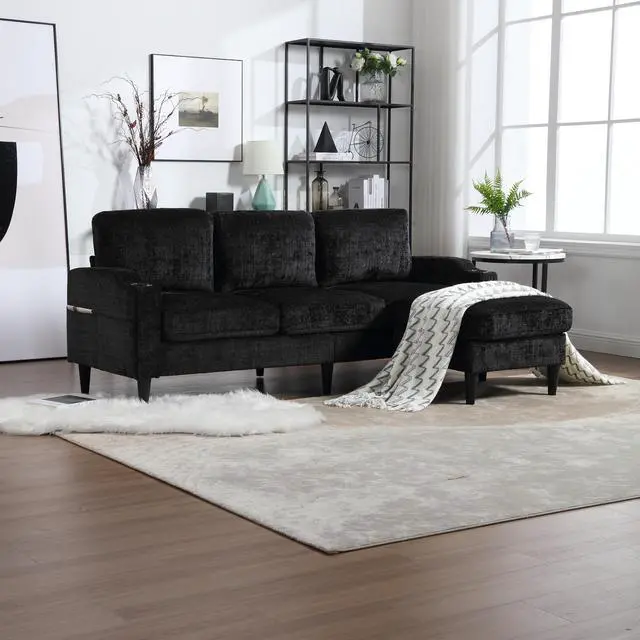 Main image of UNITED  WE WIN Sofa for three, solid wood frame, Chenille fabric, side pocket, with two cup holders, footstool with storagestorage sofa /Living room sofa cozy sectional  sofa
