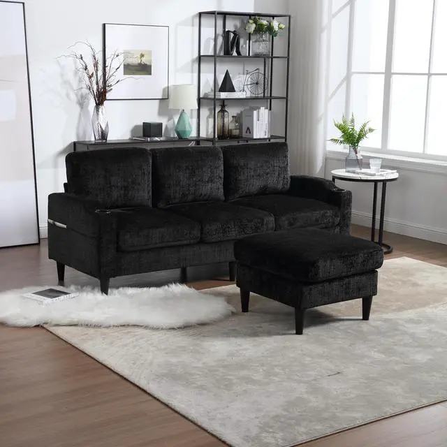 Alt view image 6 of 7 - UNITED  WE WIN Sofa for three, solid wood frame, Chenille fabric, side pocket, with two cup holders, footstool with storagestorage sofa /Living room sofa cozy sectional  sofa