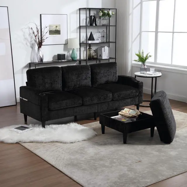 Alt view image 4 of 7 - UNITED  WE WIN Sofa for three, solid wood frame, Chenille fabric, side pocket, with two cup holders, footstool with storagestorage sofa /Living room sofa cozy sectional  sofa