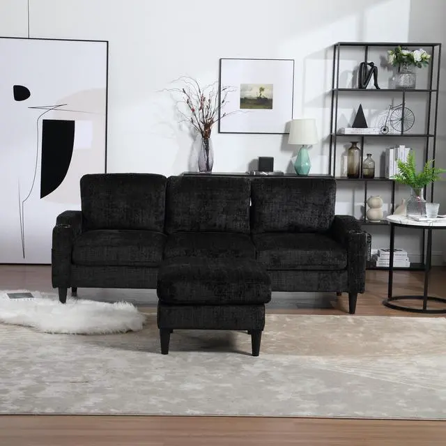 Alt view image 5 of 7 - UNITED  WE WIN Sofa for three, solid wood frame, Chenille fabric, side pocket, with two cup holders, footstool with storagestorage sofa /Living room sofa cozy sectional  sofa