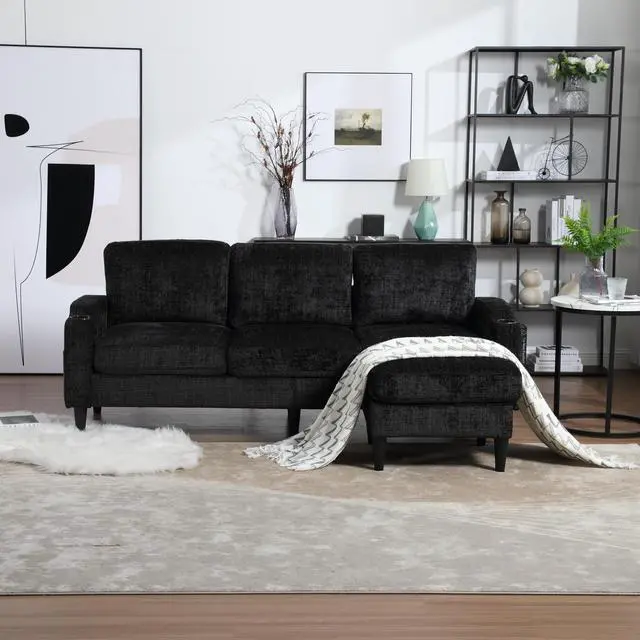 Alt view image 2 of 7 - UNITED  WE WIN Sofa for three, solid wood frame, Chenille fabric, side pocket, with two cup holders, footstool with storagestorage sofa /Living room sofa cozy sectional  sofa