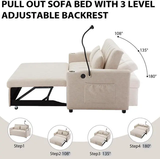 Alt view image 3 of 7 - 55.9" Convertible Sofa Bed Loveseat Sofa with Three USB Ports, Two Side Pockets, Two Cup Holders and 360°Swivel Phone Holder for Living Room, Beige