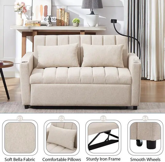 Alt view image 5 of 7 - 55.9" Convertible Sofa Bed Loveseat Sofa with Three USB Ports, Two Side Pockets, Two Cup Holders and 360°Swivel Phone Holder for Living Room, Beige
