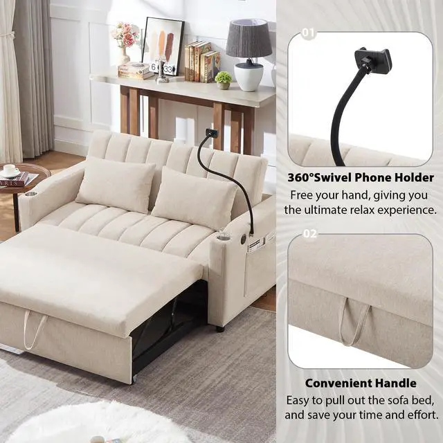 Alt view image 4 of 7 - 55.9" Convertible Sofa Bed Loveseat Sofa with Three USB Ports, Two Side Pockets, Two Cup Holders and 360°Swivel Phone Holder for Living Room, Beige