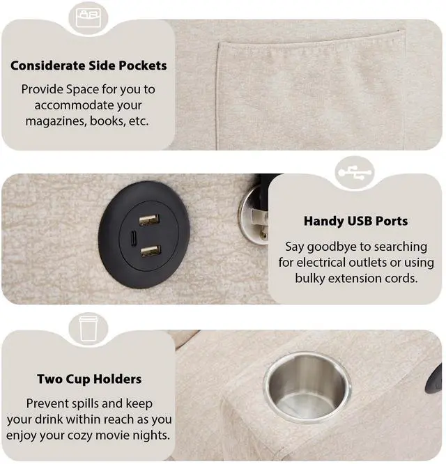 Alt view image 6 of 7 - 55.9" Convertible Sofa Bed Loveseat Sofa with Three USB Ports, Two Side Pockets, Two Cup Holders and 360°Swivel Phone Holder for Living Room, Beige