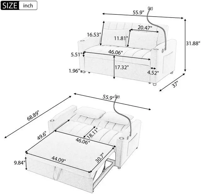 Alt view image 2 of 7 - 55.9" Convertible Sofa Bed Loveseat Sofa with Three USB Ports, Two Side Pockets, Two Cup Holders and 360°Swivel Phone Holder for Living Room, Beige