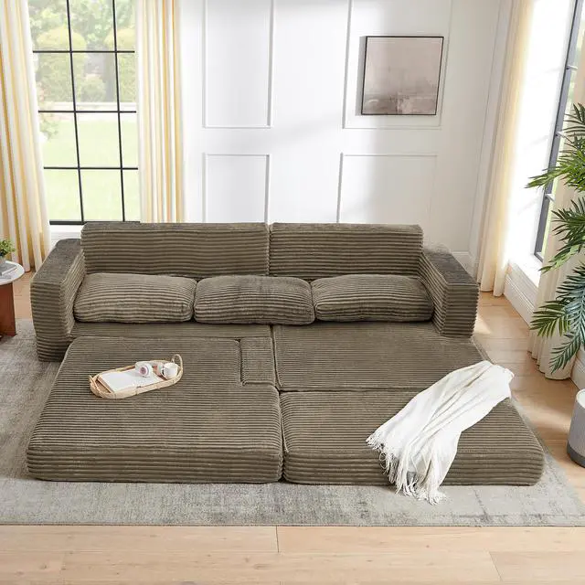 Alt view image 4 of 7 - Right sofa seat,L shape Modular Sectional Sofa, Compressed Sectional Sofa Modern Minimalist Style Corduroy Couch,Unfold into a bed, Bedroom, Comfy Compressed Sofa Couch Space-Efficient Design-Brown