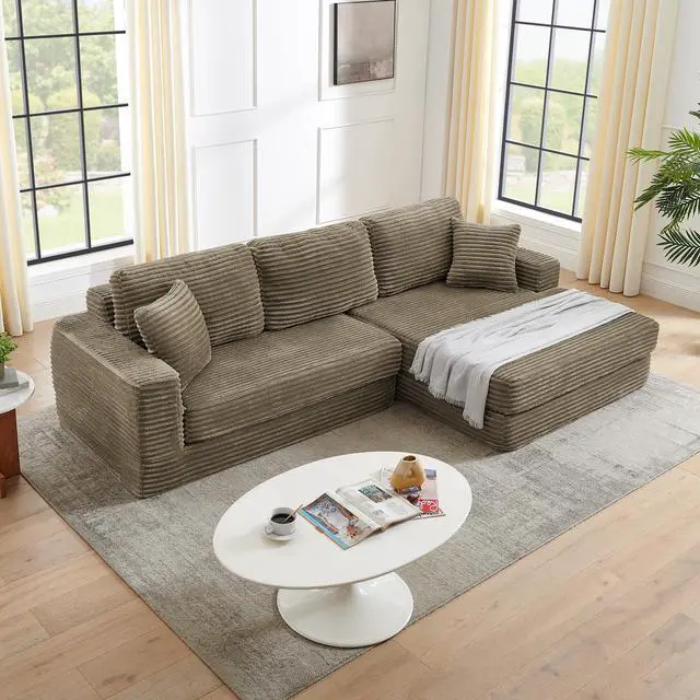 Alt view image 3 of 7 - Right sofa seat,L shape Modular Sectional Sofa, Compressed Sectional Sofa Modern Minimalist Style Corduroy Couch,Unfold into a bed, Bedroom, Comfy Compressed Sofa Couch Space-Efficient Design-Brown