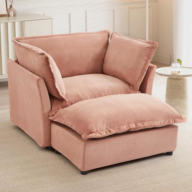 Main image of Modern Armchair Sofa 47" Cozy Upholstered Sofa Chair with Movable Ottoman, Wide Seat, Curved Armrests and Soft Pillows for Living Room, Bedroom, Pink