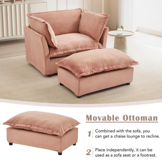 Alt view image 4 of 7 - Modern Armchair Sofa 47" Cozy Upholstered Sofa Chair with Movable Ottoman, Wide Seat, Curved Armrests and Soft Pillows for Living Room, Bedroom, Pink