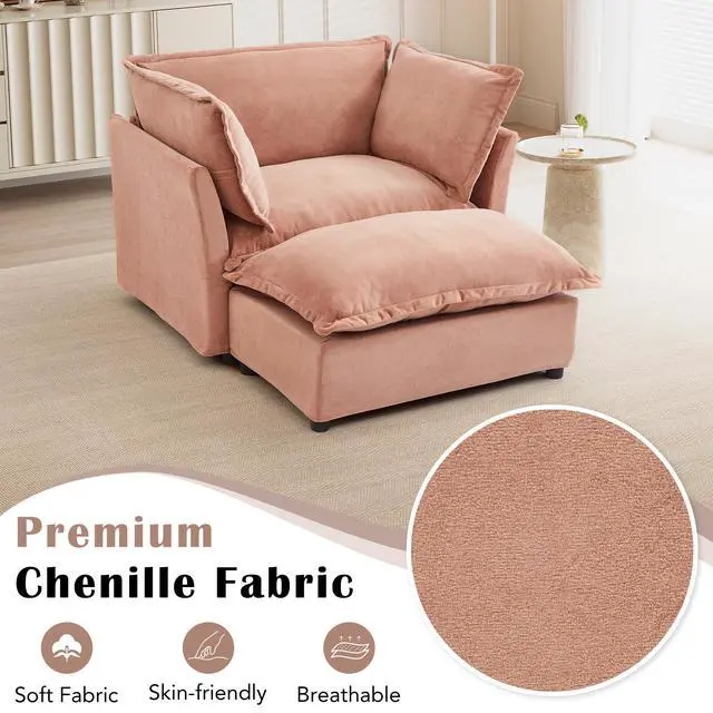 Alt view image 6 of 7 - Modern Armchair Sofa 47" Cozy Upholstered Sofa Chair with Movable Ottoman, Wide Seat, Curved Armrests and Soft Pillows for Living Room, Bedroom, Pink