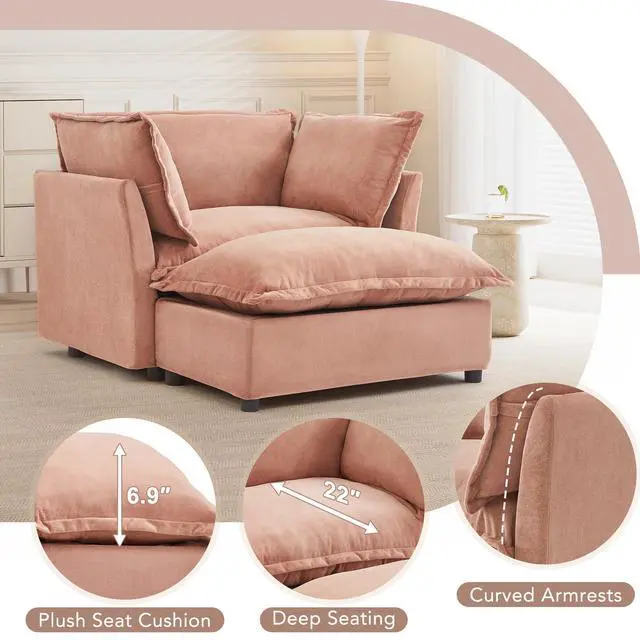 Alt view image 5 of 7 - Modern Armchair Sofa 47" Cozy Upholstered Sofa Chair with Movable Ottoman, Wide Seat, Curved Armrests and Soft Pillows for Living Room, Bedroom, Pink
